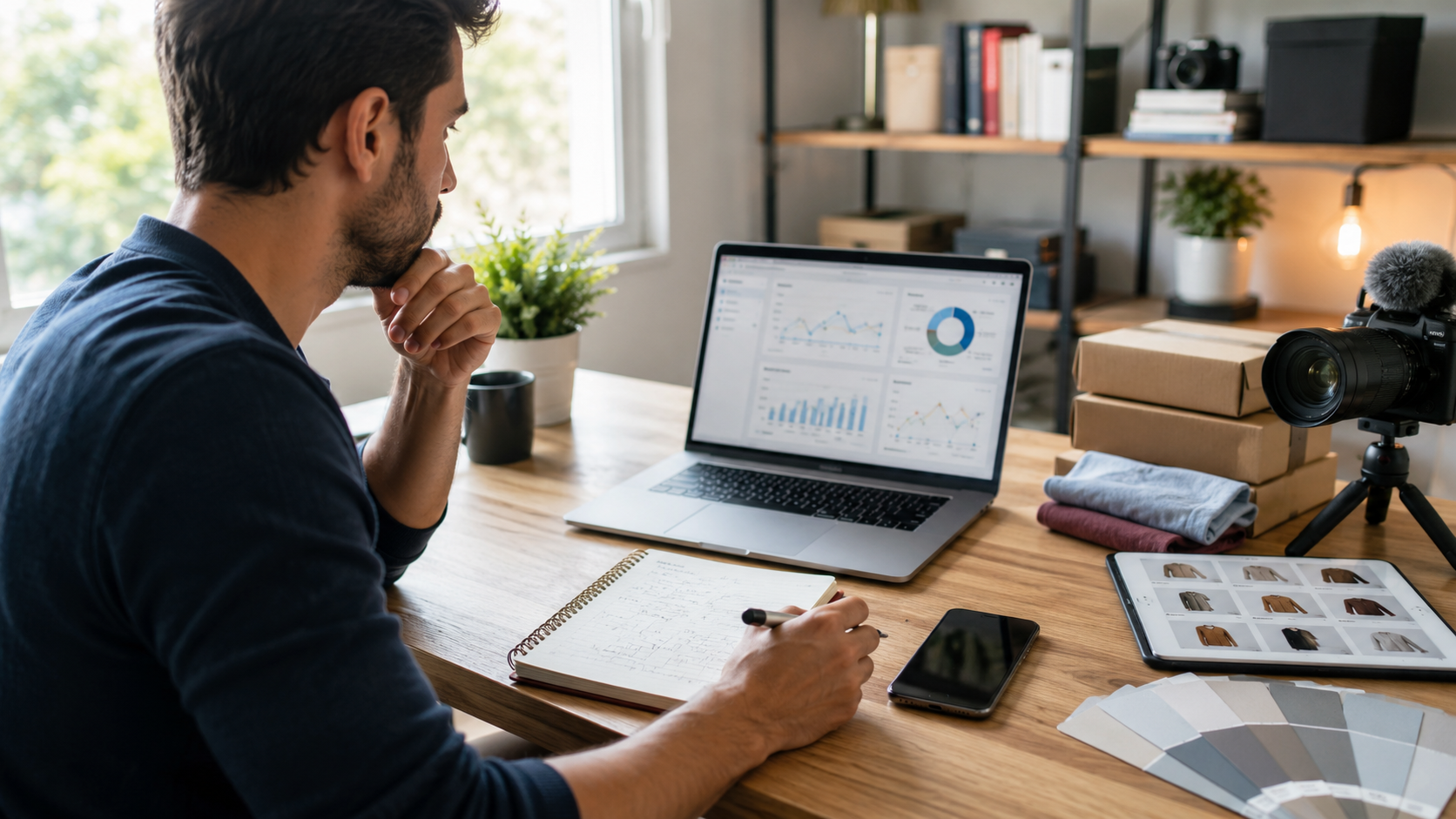 Modern digital entrepreneur building an online income business with analytics, content planning, and digital tools.