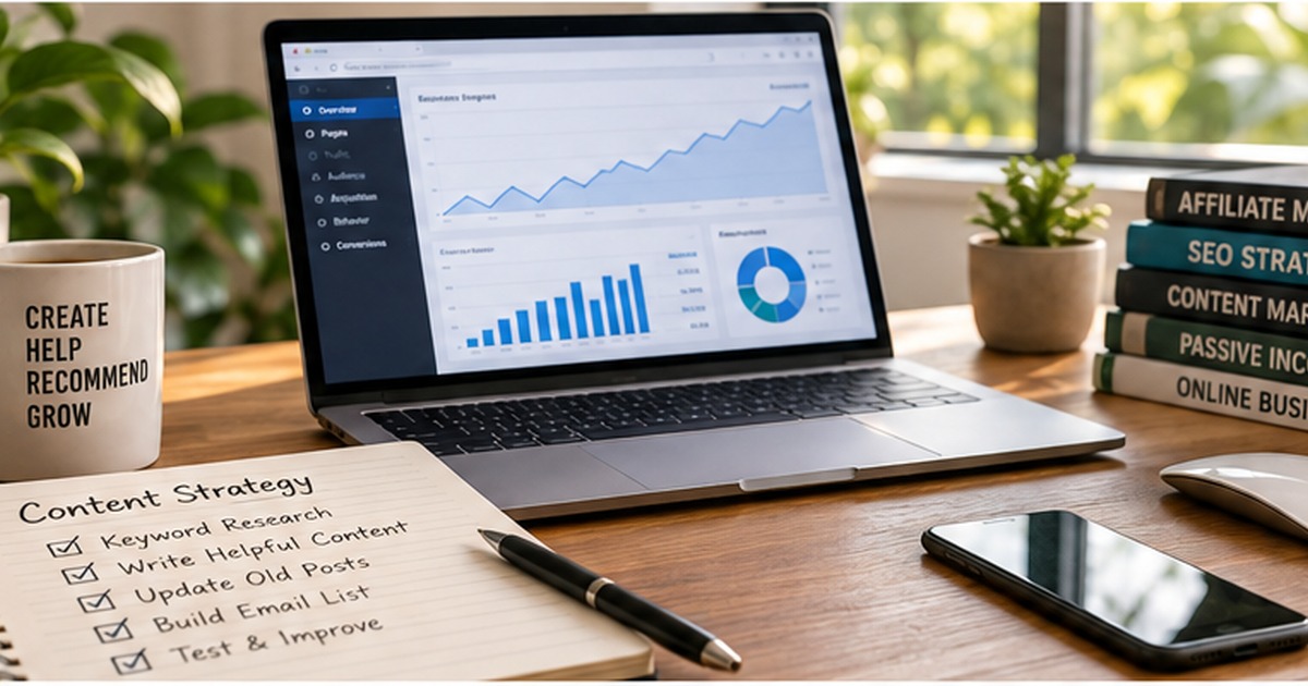 Affiliate marketer reviewing content strategy and performance data at a workspace